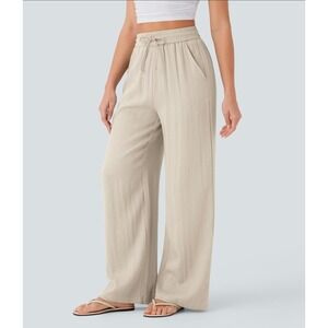 Halara High Waisted Drawstring Pocket Wide Leg Linen Feel Pants Beige XL Tall